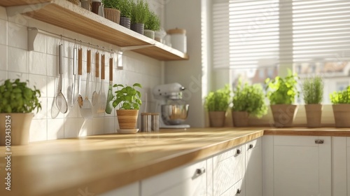 Bright Modern Kitchen Interior with Green Potted Plants. Minimalist Design Featuring Wooden Shelves and Light-Colored Cabinets, Generated AI