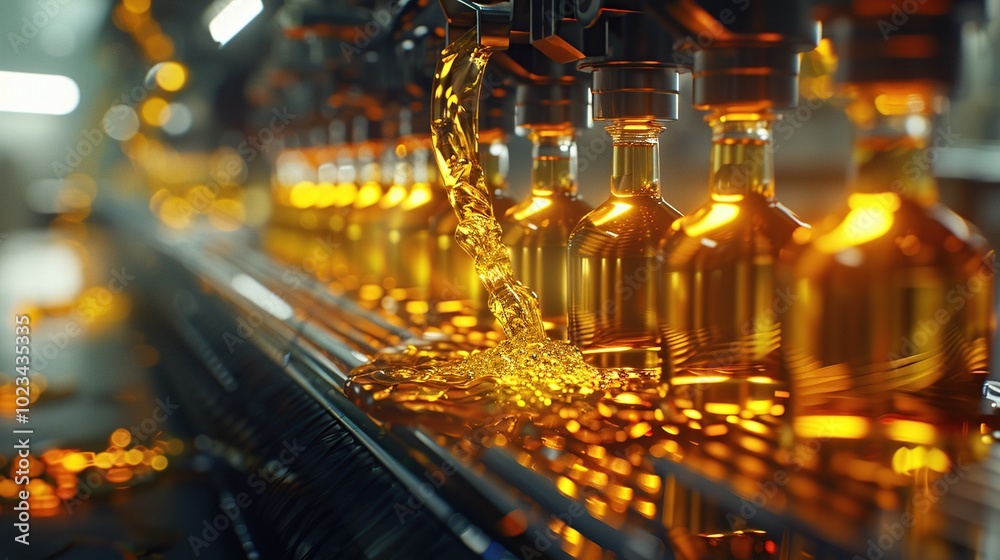 Bottling Line: Filling Glass Bottles with Golden Liquid Bottling Line: Filling Glass Bottles with Golden Liquid