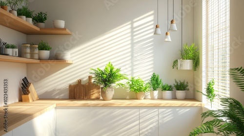Bright Modern Kitchen Interior with Natural Sunlight and Green Potted Plants. Minimalist Design Featuring Wooden Shelves and Light-Colored Cabinets, Generated AI