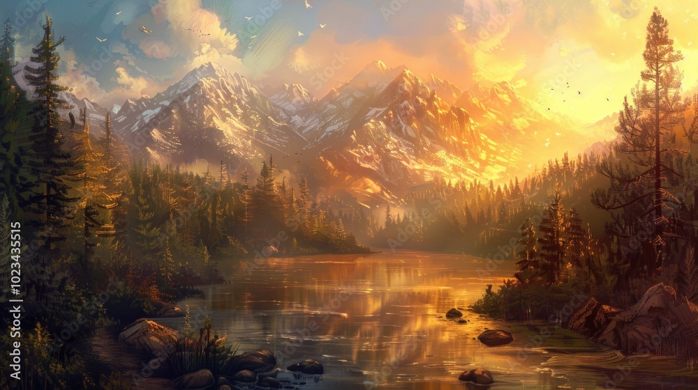 Golden Sunset Over Mountain Lake Golden Sunset Over Mountain Lake