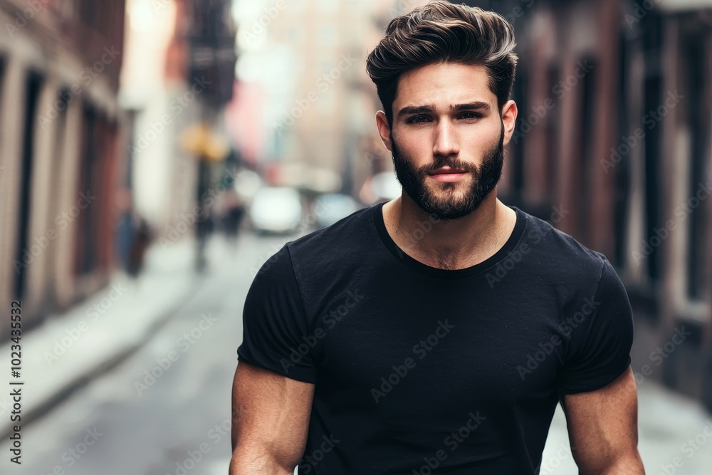 Model in a black cotton t-shirt at a city street