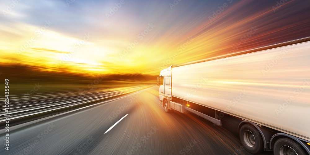 White delivery truck driving fast on a highway at sunset White delivery truck driving fast on a highway at sunset