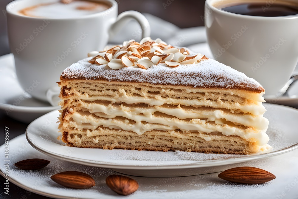 A slice of norwegian kransekake a towering almond ring cake served with coffee, Ai Generated