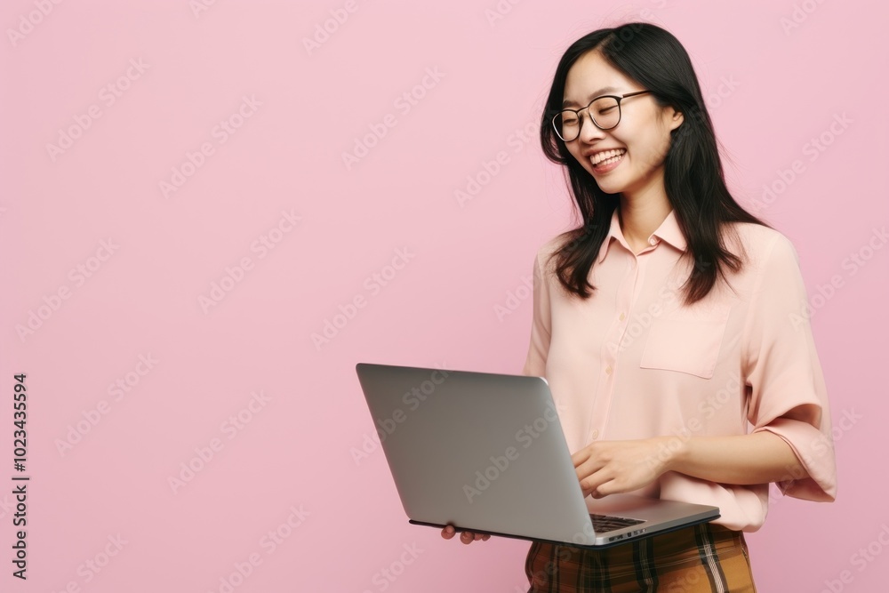 Cheerful Asian computer glasses laptop.