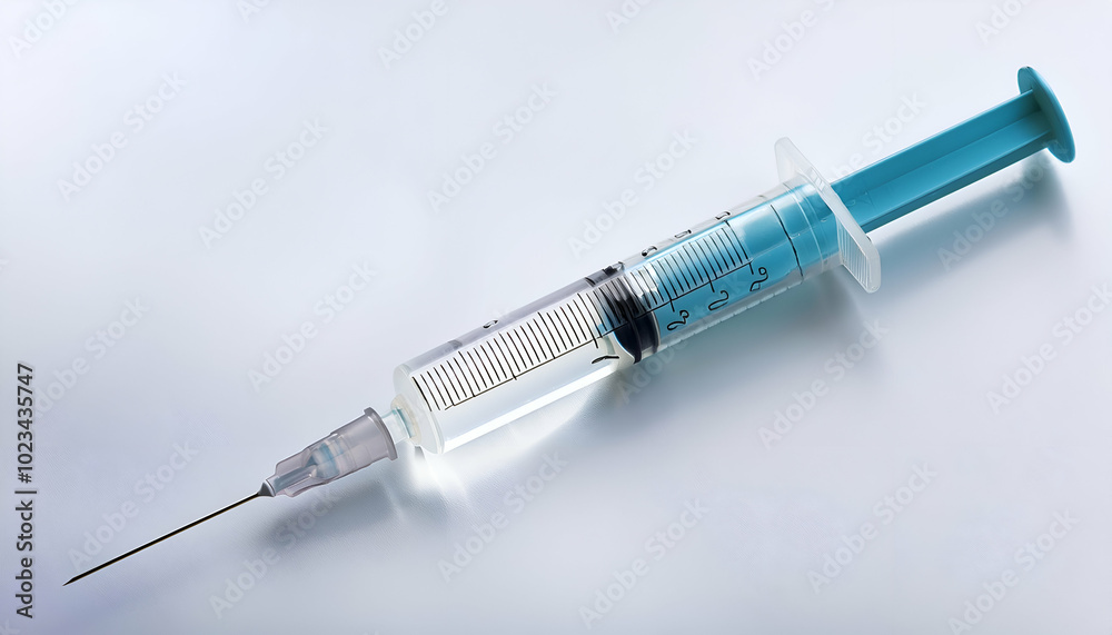 syringe on a white background.An isolated syringe with a clear vaccine liquid inside, lying flat against a white background, symbolizing immunization and healthcare syringe on a white background.An isolated syringe with a clear vaccine liquid inside, lying flat against a white background, symbolizing immunization and healthcare