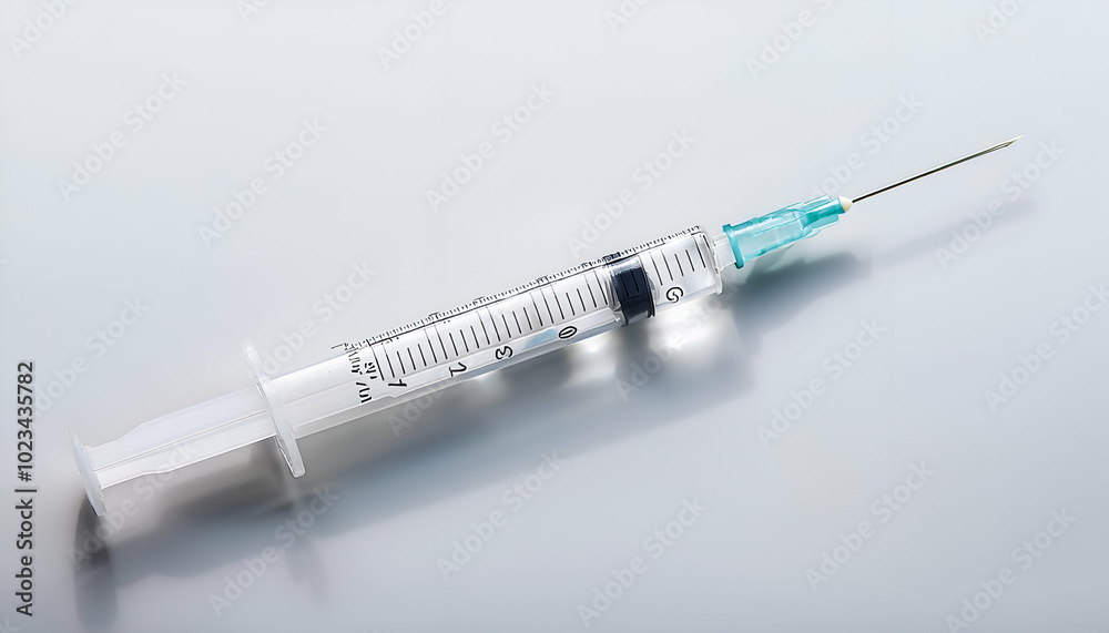 An isolated syringe with a clear vaccine liquid inside, lying flat against a white background, symbolizing immunization and healthcare An isolated syringe with a clear vaccine liquid inside, lying flat against a white background, symbolizing immunization and healthcare