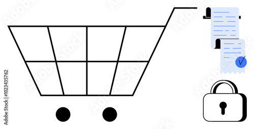 A minimalist cart with receipts attached and a lock icon nearby. Ideal for e-commerce, online security, payment processing, shopping safety, and consumer protection themes. Clean vector style