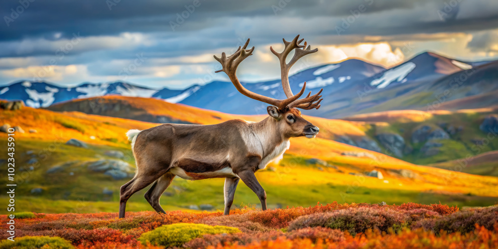 Majestic reindeer roaming through vibrant tundra landscape, surrounded by colorful foliage and mountains. scene captures beauty of nature and wildlife in harmony Majestic reindeer roaming through vibrant tundra landscape, surrounded by colorful foliage and mountains. scene captures beauty of nature and wildlife in harmony