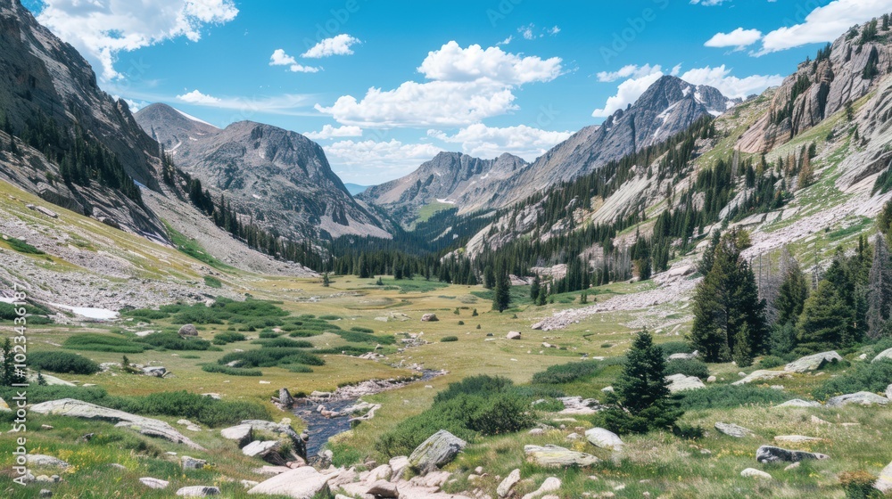 Fototapeta premium Serene Mountain Valley with a Stream