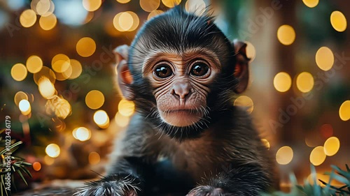 Portrait of a young baby chimpanzee at Christmas. Created with generative AI.