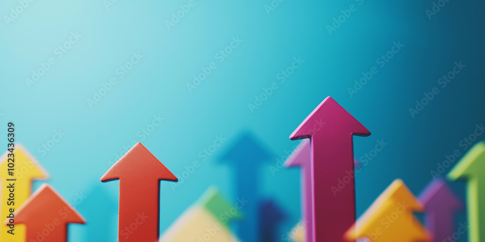 Colorful arrows pointing up on blue background representing growth Colorful arrows pointing up on blue background representing growth