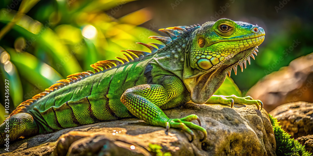 Fototapeta premium Vibrant green iguana stretches out on rock, showcasing its long, scaly body and intricate textures. lush background enhances its striking appearance and natural habitat