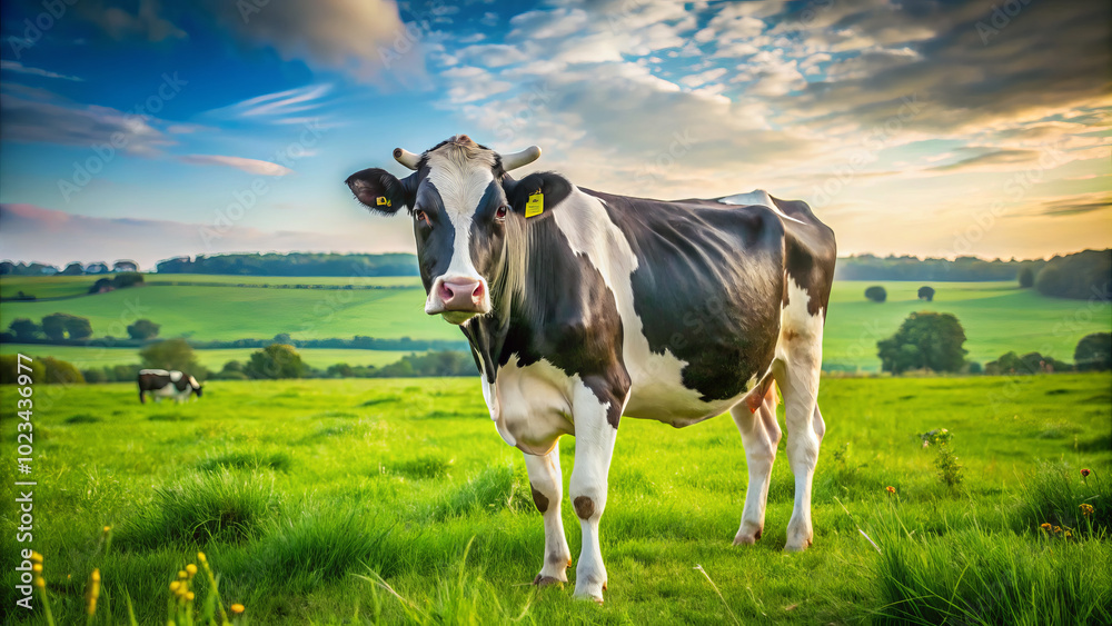 black and white cow stands majestically in vibrant green field under beautiful sky. serene landscape captures essence of rural life and natures beauty black and white cow stands majestically in vibrant green field under beautiful sky. serene landscape captures essence of rural life and natures beauty
