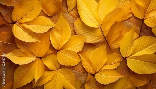 A close-up view of vibrant yellow leaves creating a textured background during autumns transition outdoors. Generative AI