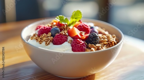 Healthy breakfast bowl with fruits, yogurt, and granola.