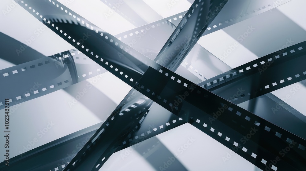 Obraz premium The artwork showcases an intricate arrangement of film strips intertwined at various angles, creating a dynamic and visually striking geometric pattern against a light backdrop