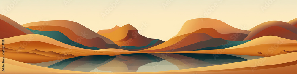 A serene landscape of a Mexican desert, accented with abstract shapes in shades of ochre and burnt sienna. A serene landscape of a Mexican desert, accented with abstract shapes in shades of ochre and burnt sienna.