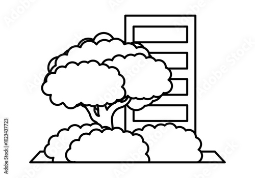 Icono negro de árbol y arbusto con edificio de una ciudad