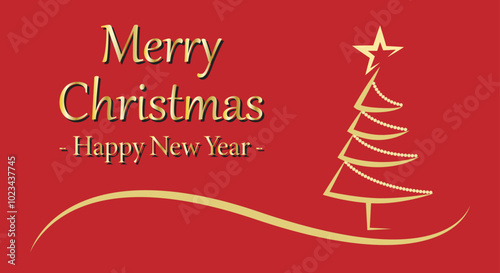 Felicitación de navidad y año nuevo dorada con árbol de navidad en fondo rojo