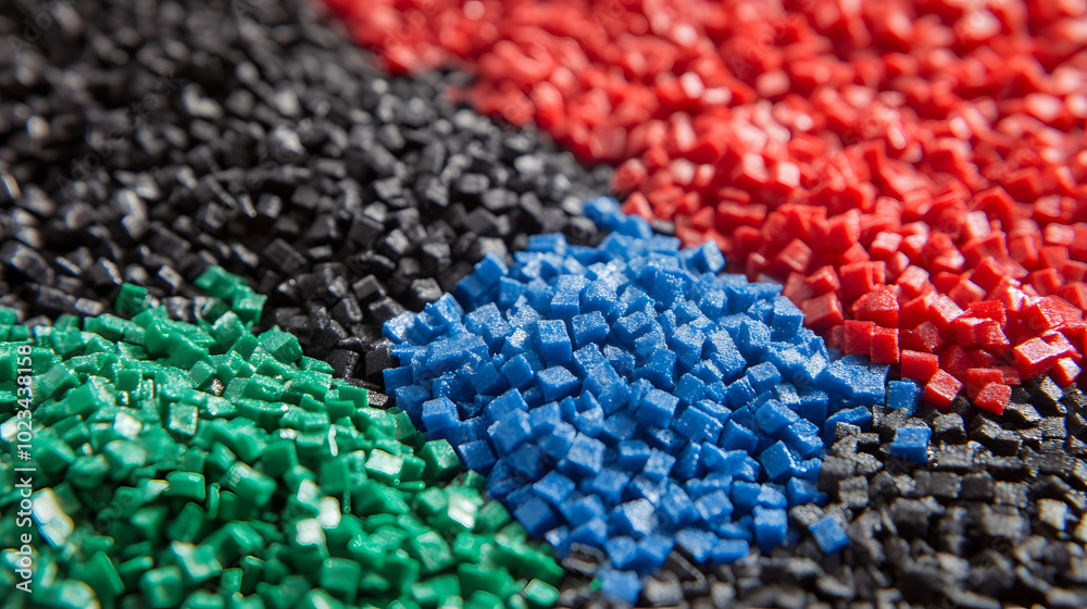 Obraz premium Blue, red and green Plastic pellets Background Close-up Plastic granules Polymer plastic beads resin polymer