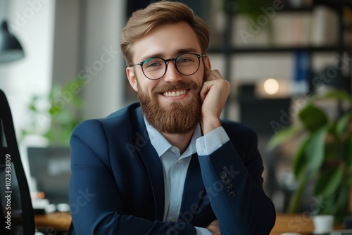 A cheerful and confident bearded businessman in formal attire smiling at the camera while seated in his contemporary office