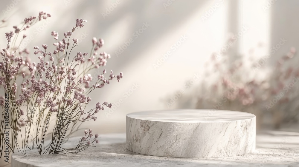 A stone piece podium in a white clean room. A minimalist background for cosmetics, food, or jewellery. A stone piece podium in a white clean room. A minimalist background for cosmetics, food, or jewellery.