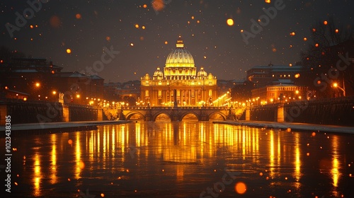 Glowing St. Peter's Basilica at night during winter