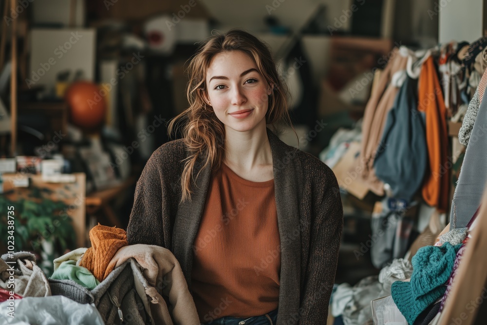 A Woman Giving Away Unneeded Belongings To A Secondhand Store A Woman Giving Away Unneeded Belongings To A Secondhand Store