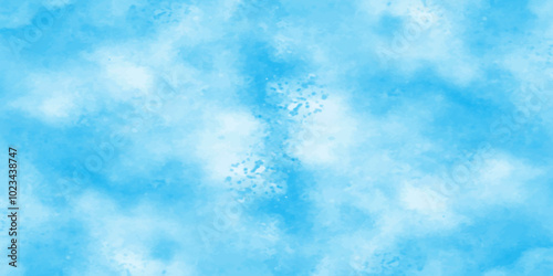 Vector blue watercolor art background with white clouds and blue sky. Light sky blue shades watercolor background. Sky Nature Landscape Background. sky background with white fluffy clouds. panorama.