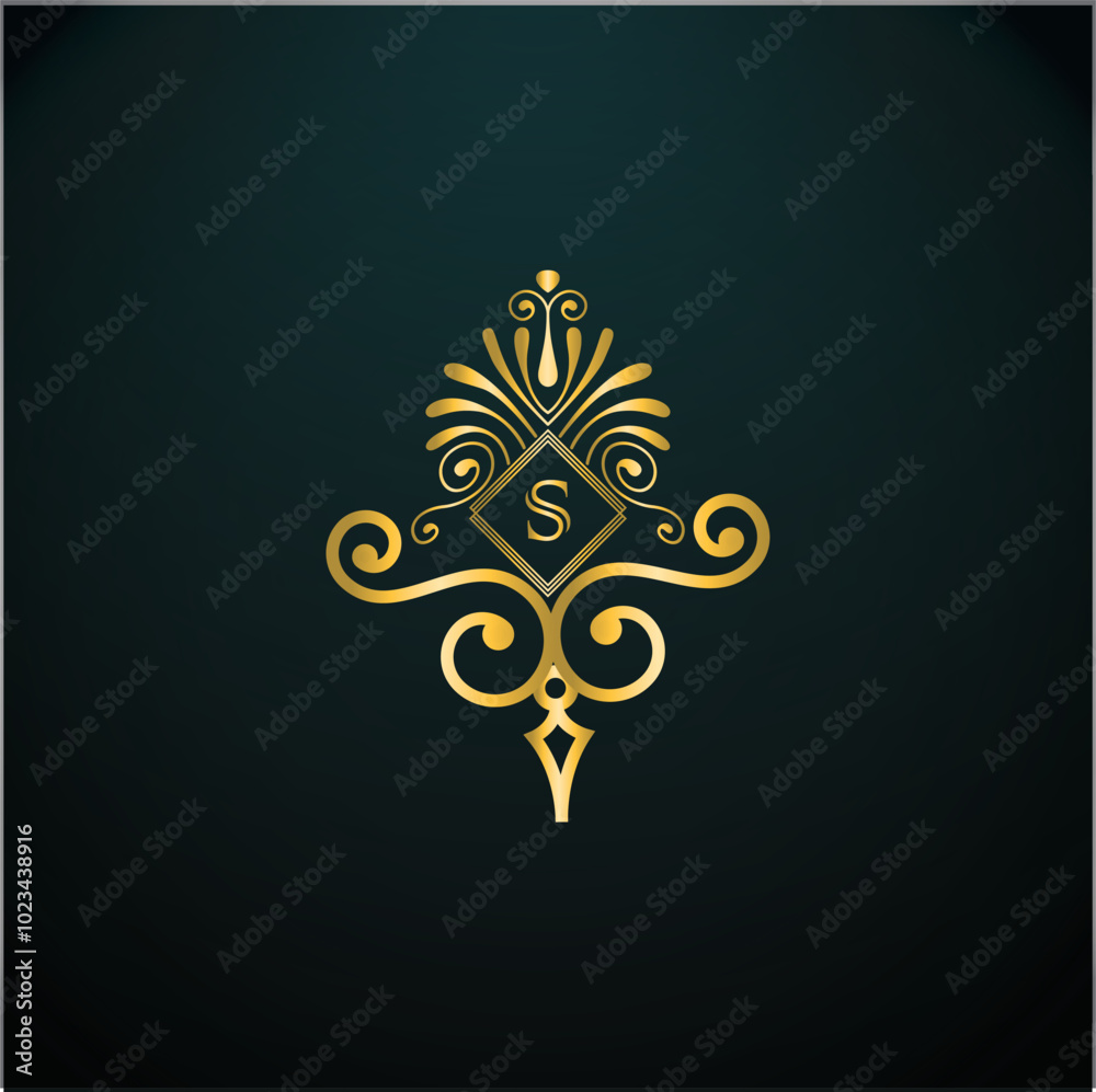 Fototapeta premium Web creative initial s latter logo design with modern business vector template, luxury s latter logo , creative isolate s monogram latter logo , crow logo , royal logo with golden color 