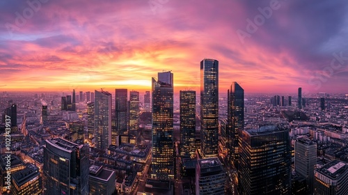 Panoramic cityscape of skyscrapers at sunset. 