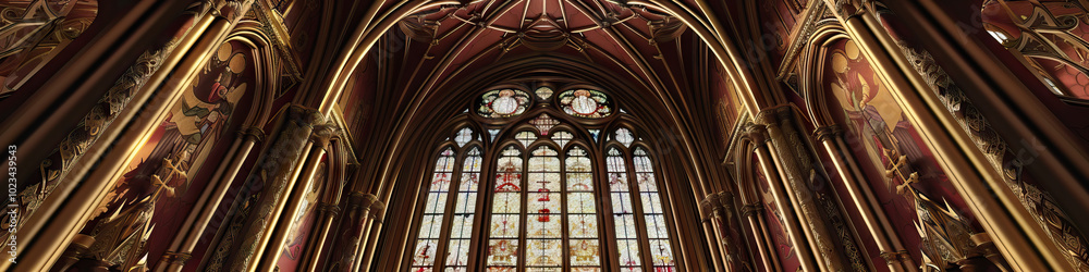 Fototapeta premium An ornate gothic archway, framing a European cathedral's stained-glass window, its rich burgundy and gold hues evoking a sense of ancient wisdom.