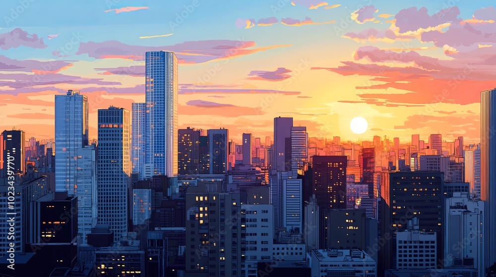 Obraz premium Panoramic cityscape of skyscrapers at sunset. 