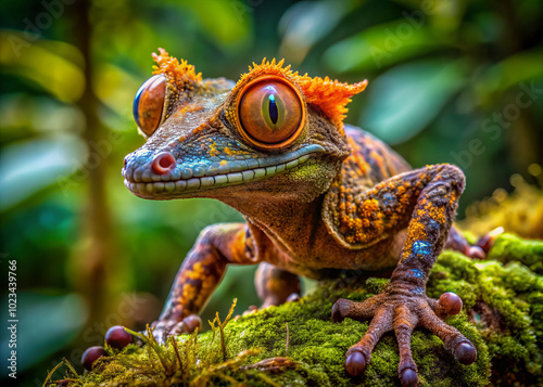 Vibrant orange and blue eyes of satanic leaf tailed gecko perched on moss, showcasing its unique colors and textures in lush environment. This captivating creature embodies beauty of nature photo