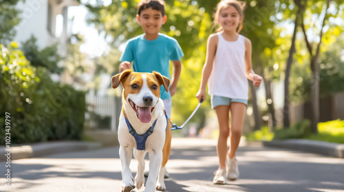 Two children walk a happy dog down a sunny street, with the dog leading the way and smiling, capturing a fun and joyful outdoor moment. photo