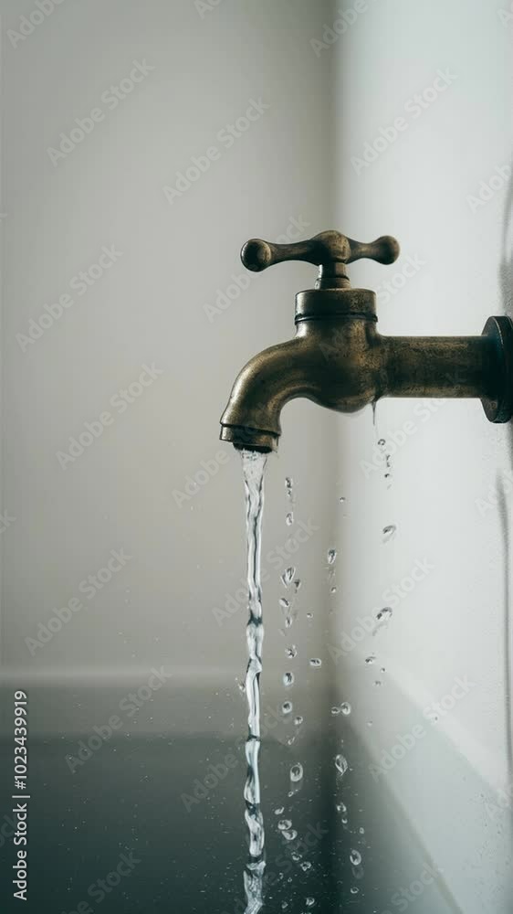 Close-up of water flowing from an old brass tap into a simple, clean space, conveying calmness and simplicity in motion. Close-up of water flowing from an old brass tap into a simple, clean space, conveying calmness and simplicity in motion.