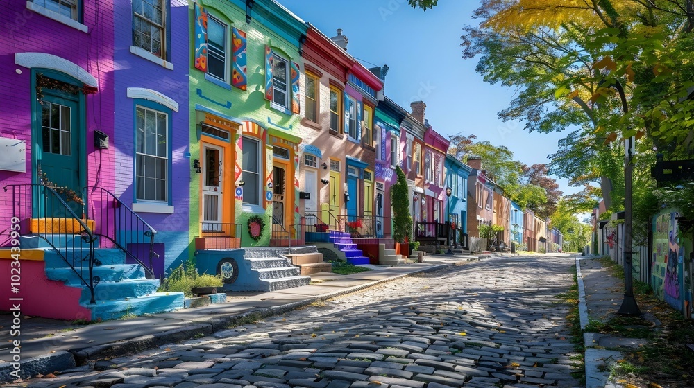 Fototapeta premium Colorful houses along a cobblestone street under a clear blue sky in a vibrant neighborhood. Cultural and architectural charm concept for posters and wallpapers
