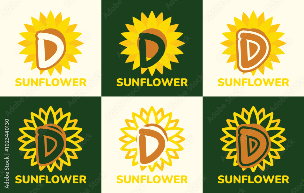 Fototapeta premium Set of letter D sunflower logo. This logo combines letters and sunflower shapes. Suitable for flower shops, flower farms, flower accessories shops and the like.