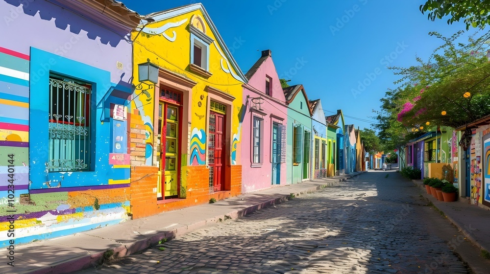 Obraz premium Colorful houses along a cobblestone street under a clear blue sky in a vibrant neighborhood. Cultural and architectural charm concept for posters and wallpapers
