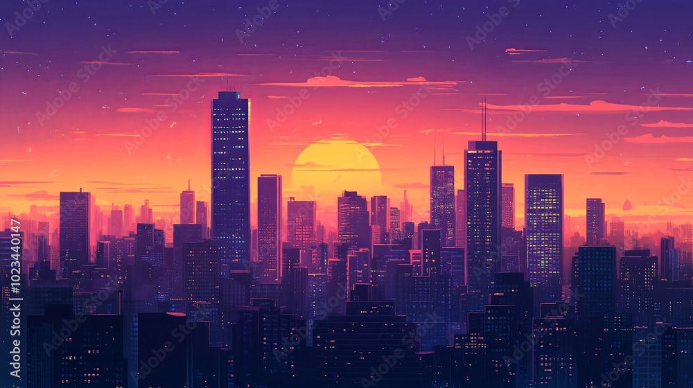 Fototapeta premium Panoramic cityscape of skyscrapers at sunset. 