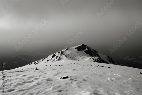 Snow-Covered Mountain Under Ominous Sky at Twilight photo