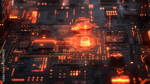 Abstract 3D Rendering of Futuristic Circuitry with Glowing Orange Lines