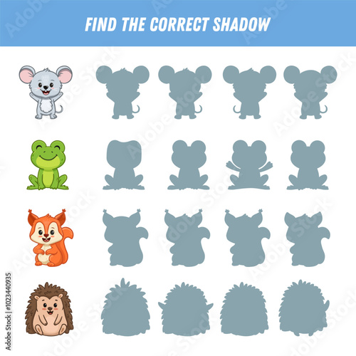 Find the correct shadow of the mouse, frog, hedgehog, squirrel. Educational logic game for children. Cute animal cartoon characters. Vector
