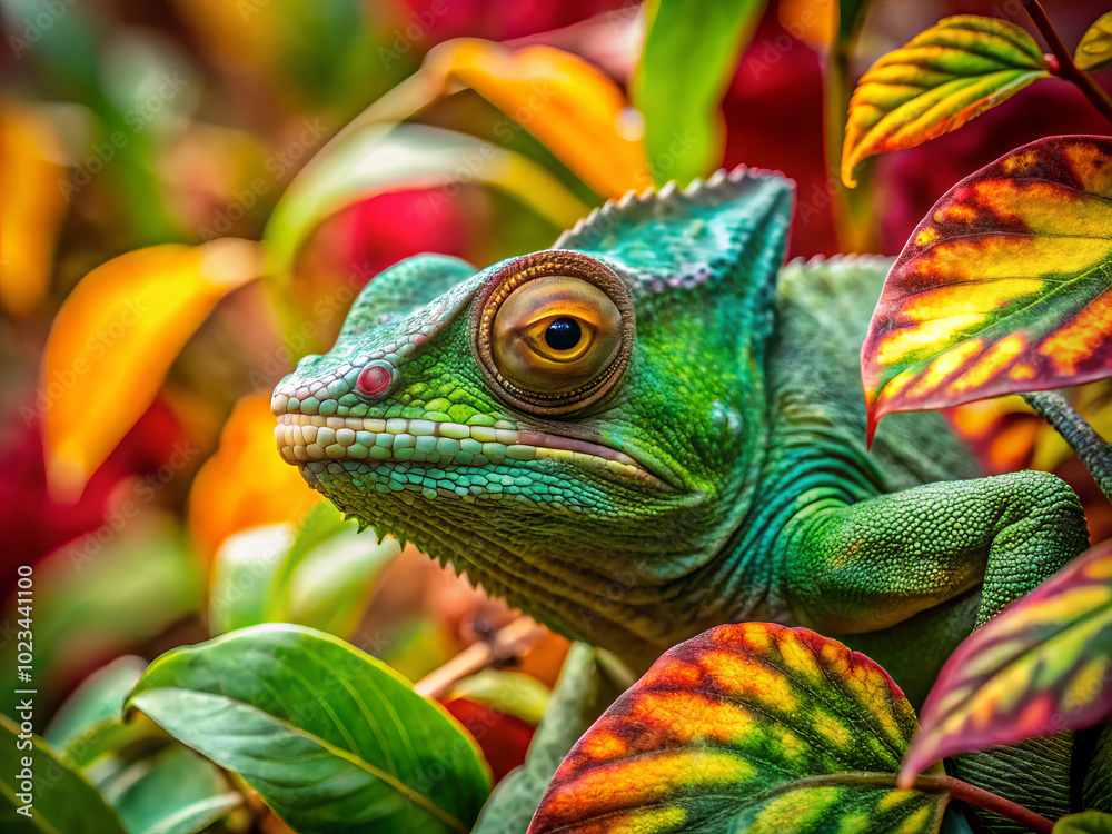 Obraz premium vibrant green chameleon blends seamlessly among colorful foliage, showcasing its unique features and textures. lush environment enhances beauty of this fascinating reptile