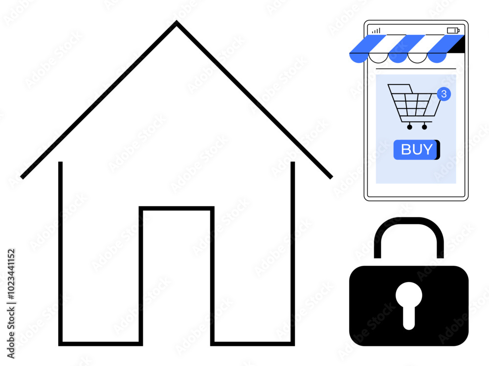 Black outline of house with shopping cart on mobile device and lock. Ideal for e-commerce, online security, smart home, remote purchasing and digital privacy. Simple flat design Black outline of house with shopping cart on mobile device and lock. Ideal for e-commerce, online security, smart home, remote purchasing and digital privacy. Simple flat design