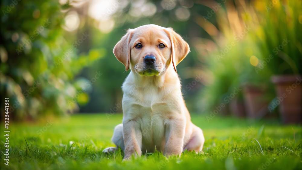 yellow Labrador puppy sitting in grassy yard, surrounded by greenery, exudes sense of innocence and playfulness. This adorable pup captures essence of joy and companionship yellow Labrador puppy sitting in grassy yard, surrounded by greenery, exudes sense of innocence and playfulness. This adorable pup captures essence of joy and companionship