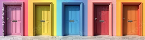 Row of colorful doors in vibrant pastel colors, front view photo