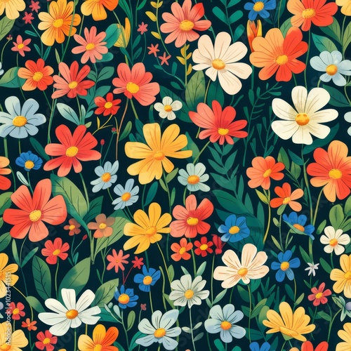 Colorful sealess floral pattern with hand draw spring flower. ai generated