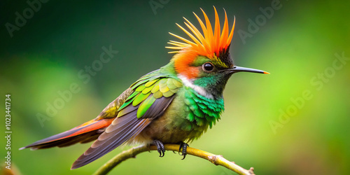 vibrant tufted coquette hummingbird perched on branch, showcasing its striking orange and green plumage. This colorful bird is true marvel of nature, captivating with its unique appearance and lively photo