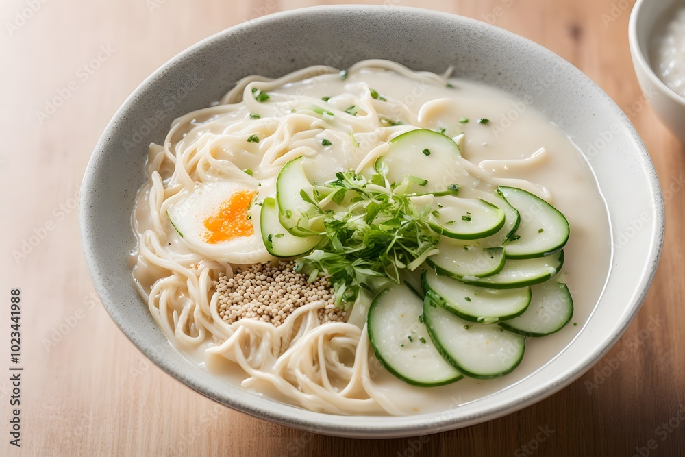 A bowl of kongguksu cold soy milk noodle soup garnished with thinly sliced cucumber sesame seeds, Ai Generated A bowl of kongguksu cold soy milk noodle soup garnished with thinly sliced cucumber sesame seeds, Ai Generated